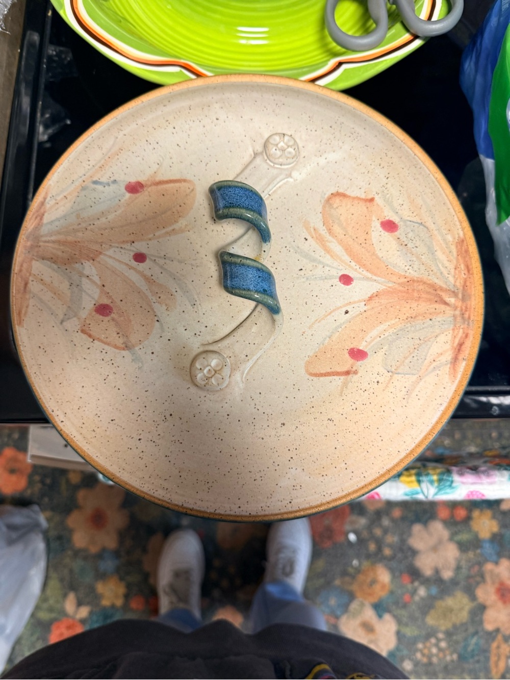 Vintage Handcrafted Floral Ceramic Lidded Dish in Cream and Blue